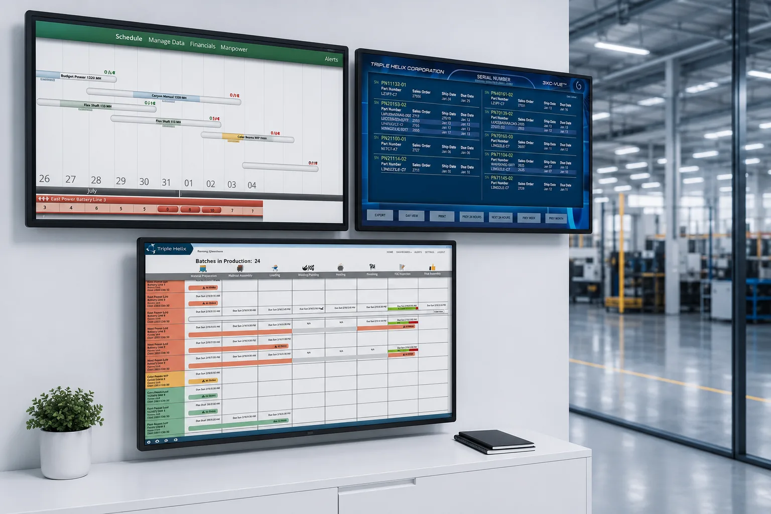 Multiple touchscreen monitors displaying live ERP project status and schedules
