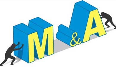 2 people pushing letters M&A together for Merger and Acquisition